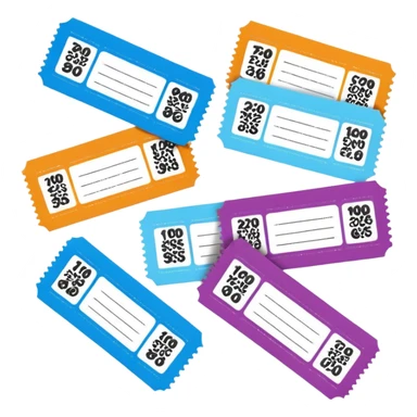 Create blank lottery coupons fanned out, clean and colorful, with different header colors and simple grid sections. No numbers, no text—just empty fields and a lottery-ticket layout. Bright, modern, and on a neutral background. sticker