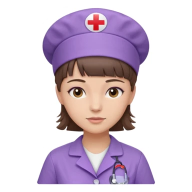 A young female slim nurse with short Brown hair with fringe over her forehead, wearing larvendar purple working cloth, without nurse cap sticker