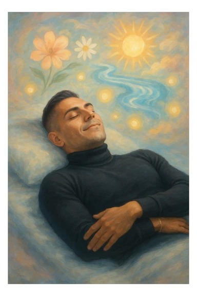 Un uomo sdraiato su un letto o una superficie fluttuante, con un'espressione serena e gli occhi chiusi. Attorno a lui, proiettate dalla sua mente, si materializzano immagini vivide di benessere e armonia: sticker