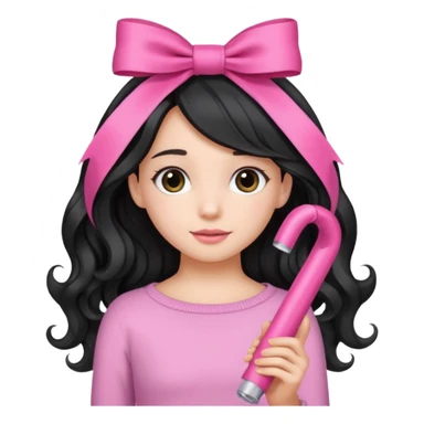 Girl with black wavy not so long hair and a ribbon hair clip make it look like wearing a pink tube sticker