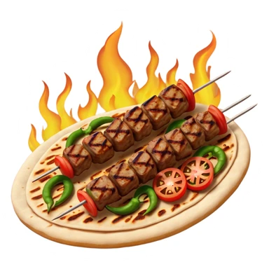 Adana kebab object icon, spicy grilled minced meat skewer, served on flatbread, grilled tomatoes and green peppers on the side, smoky char marks, juicy texture, 3D cartoon, mobile game icon style, centered, clean background, no text, no watermark
 sticker