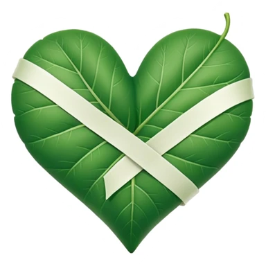  "A minimalist, stylized heart-shaped green leaf with a gentle, curved white bandage or ribbon wrapped around the center. The design should look warm and nurturing. Flat, clean emoji style for natural healing. Transparent background." sticker