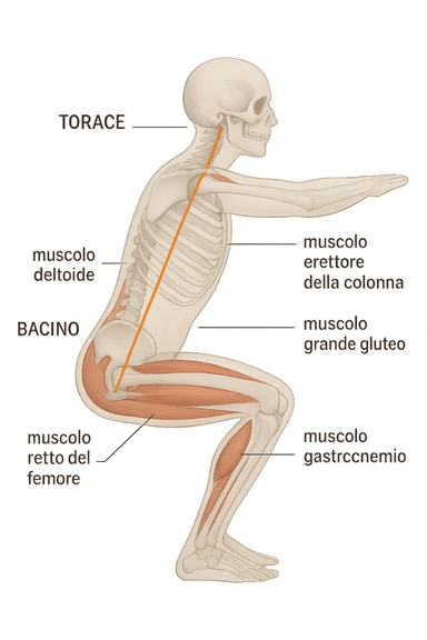 side view of a human figure performing a squat, with transparent overlays showing the skeletal structure. A straight line or highlighted axis connects the pelvis (bacino) and the ribcage (torace), demonstrating correct alignment. Key muscles involved in maintaining posture are labeled. Clean, educational style, white background. sticker