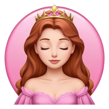 Cinematic Radiant Sleeping Beauty Portrait Emoji, rendered in a realistic, vector style with clean proportions. Show Aurora with a gentle smile, porcelain skin, and beautifully styled auburn hair, wearing her classic pink gown. The image glows with a soft, inviting radiance and high shine, accentuated by a soft glowing outline that enhances her graceful charm. sticker