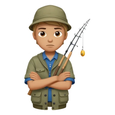 A boy with crossed arms, looking annoyed, dressed in fishing clothes. sticker