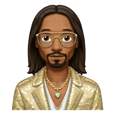 Snoop Dogg with long dark brown hair, ivory sequin jacket, black shirt with necklace sticker