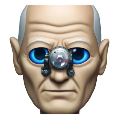 Jean luc picard from Star Trek assimilated by the Borg, with mechanical metal covering only one eye with a red glass lens over the same eye. His other eye looks like a normal human eye and is dark blue. sticker
