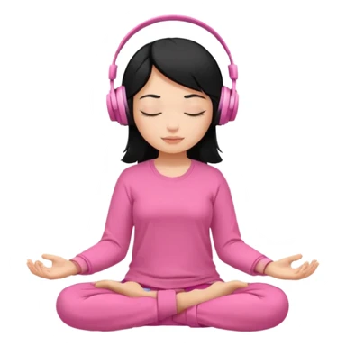 Chica de pelo negros con los ojos cerrados escuchando musica en audifonos y con camisa rosa mientras medita sticker