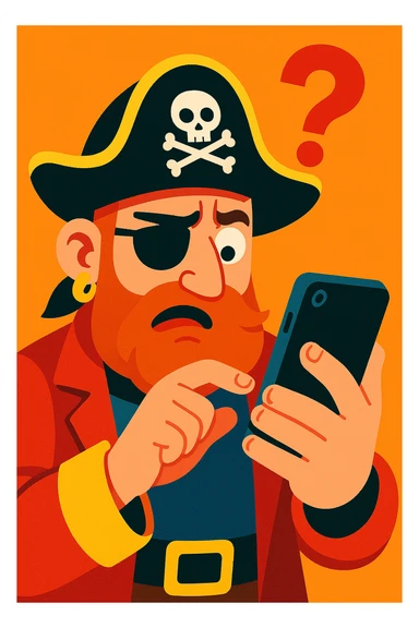 cartoon style pirate struggling to use a modern smartphone, confused expression, classic pirate hat, eyepatch sticker