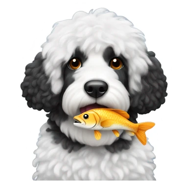 Black bernadoodle with white around mouth and big white eyebrows with a fish in his mouth  sticker