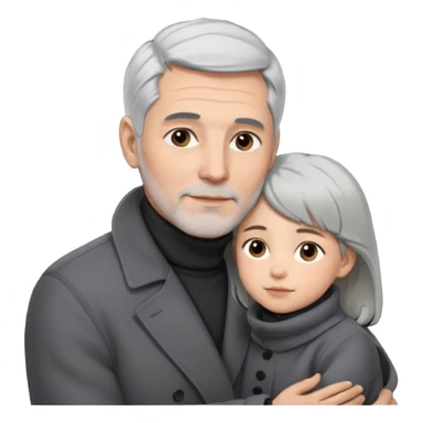 A father with silver-grey hair styled neatly and a clean-shaven face, wearing a dark turtleneck and wool coat, holding his girl child gently.  sticker