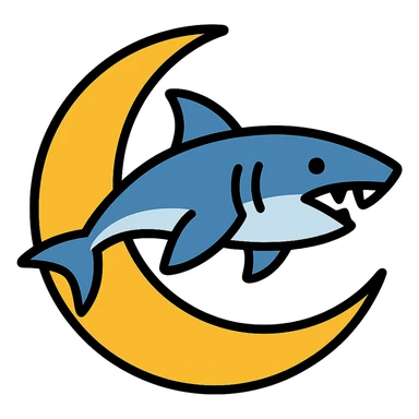 Make the shark swimming across the moon, keep the color outline icon style sticker
