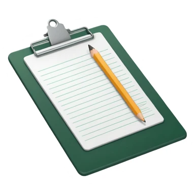 white sheet of paper with dark green clipboard, pencil lying on paper, iOS emoji style, minimalism sticker