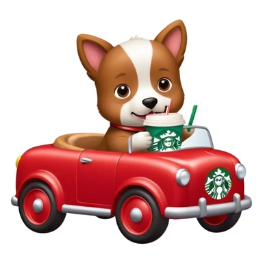 Dog riding in a baby toy car with Starbucks in its hand sticker