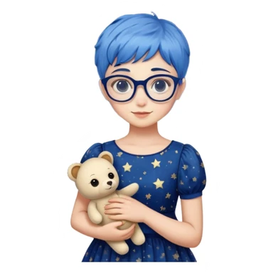 26 year old female wearing glasses, short blue pixie hair, a starry night inspired dress holding a stuffed animal  sticker