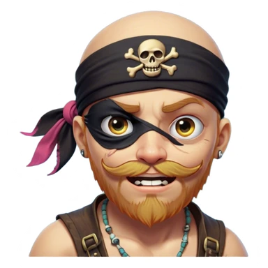 Clash of Clans aesthetic Comical Pirate Portrait Emoji, Head tilted dramatically with an exaggerated, fun expression and wide, comically expressive eyes behind a quirky eye patch, featuring a rugged yet cartoonish build with a playful bandana and natural skin tone, Simplified yet hilariously expressive features, highly detailed, glowing with a slightly sassy oceanic glow, high shine, dramatic yet playful, stylized with an air of cheeky maritime mischief, soft glowing outline, capturing the essence of a meme-worthy pirate who brings humor to epic quests! sticker