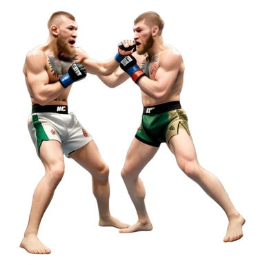 Iconic MMA match between Conor McGregor and Khabib Nurmagomedov in the octagon. McGregor throws a powerful punch while Khabib counters with a takedown attempt. The crowd roars in the background as the fighters showcase their intense rivalry. Transparent background captures the high-stakes fight sticker