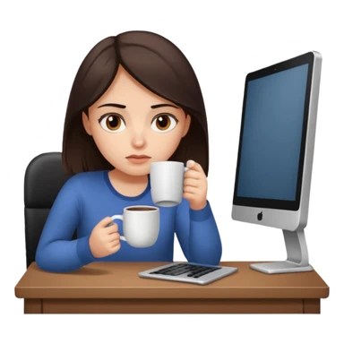 A brunette girl with dark brown eyes, dark circles under eyes, tired, sad face, with a mug of coffee in one hand and sitting in front of a computer sticker