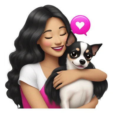 Thick medium black hair and hot pink lips and pink cheek smiling mature Filipino lady hugging black and white Chihuahua  sticker