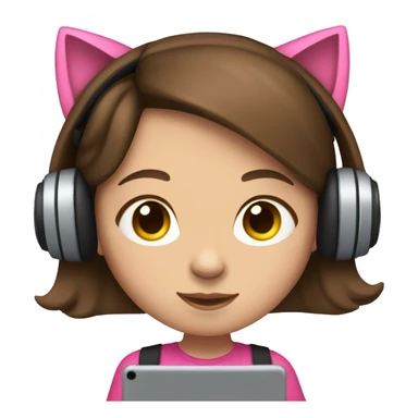 Brunette haired girl wearing pink cat headphones holding an ipad sticker