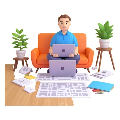 interior designer with a laptop and floor plans, surrounded by decor samples sticker
