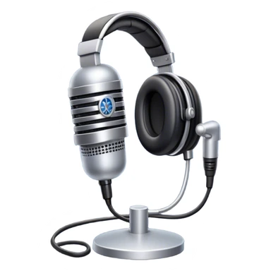 Create a sleek and professional emoji that represents voice acting and dubbing equipment. The design should feature a high-quality microphone, a sound mixer or audio interface, and headphones to symbolize the recording and technical process. Include elements like a soundproof booth or audio cables to reflect the studio environment. Use a modern, clean design with colors like silver, black, and dark blue to represent the professional side of voice acting. The background should be transparent. sticker