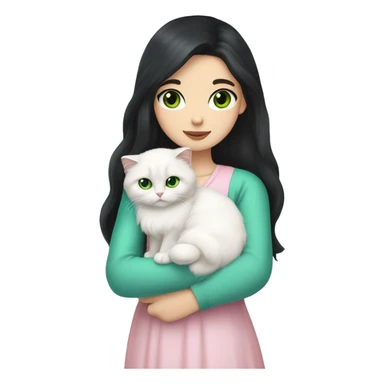 girl with very long black hair and green eyes and light pink outfit hugging a white scottish fold long hair blue eyes cat  sticker