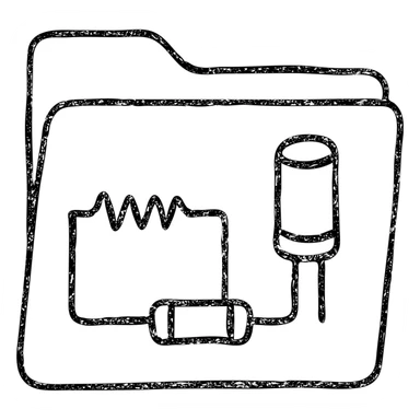 hand-drawn outlined folder icon with electric parts, sketchy style, visible resistors and capacitors sticker