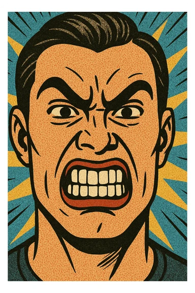 face making a 'grrrr' expression, exaggerated clenched teeth, comic style sticker