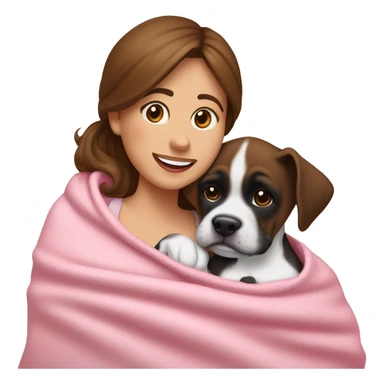 a woman with brown hair is cradling her puppy in a pink baby blanket. the puppy is a black and white boxer dog. the woman is smiling with mouth ajar. you can see the woman cradling the puppy like a baby from her waist up.  sticker