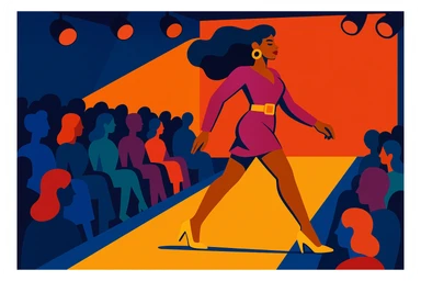 animated woman walking on a runway, horizontal composition, vibrant colors, dynamic pose, fashion show atmosphere sticker