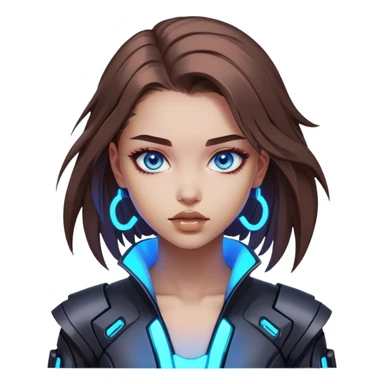 Neon cyberpunk style 
girl with brown hair and blue eyes 
shoots sticker