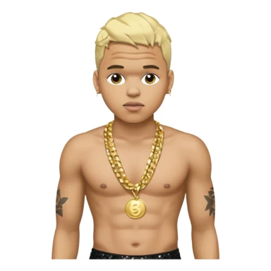 Chris Brown with blonde hair, black sequin baggy pants, shirtless with necklace sticker