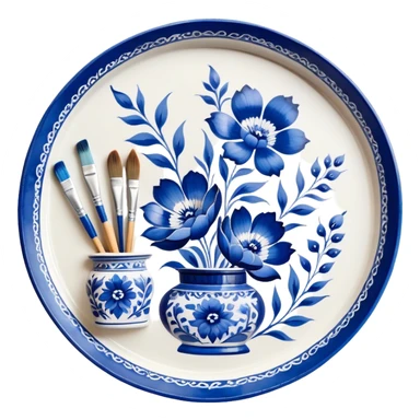 Gzhel-style metal painting icon, hand-painted Gzhel-style metal tray with intricate blue and white floral patterns, visible paintbrush and paint pots, metal surface in the process of being painted, no finished artwork, just the painting process, minimalistic style, clean lines, transparent background. sticker