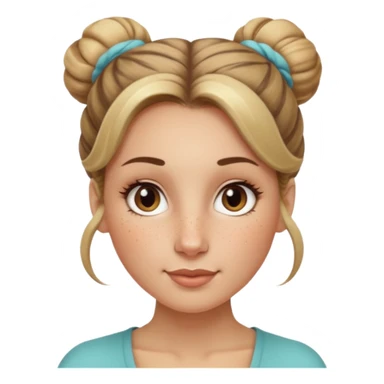 creative women with long dark Blond with highlights semi curly hair white women with hair in a top bun, oval shape face hazel eyes long lashes freckles on the nose high cheek bones sticker