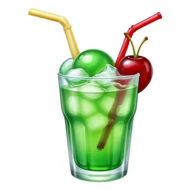 Create an emoji with a very clear rounded glass and ice, bright transparent green soda , a smooth vanilla scoop circle shape, a glossy red cherry, using vibrant colors, soft shading, and clear glass highlights.
 sticker