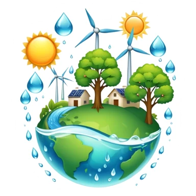 An icon featuring a green Earth, a tree, recycling symbols, and renewable energy sources like wind turbines, solar panels, and hydropower. The design includes animals, water droplets, and the sun, representing ecology, sustainable energy, and environmental protection. Transparent background. sticker