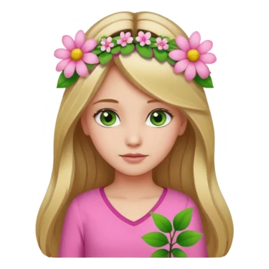 Girl profile picture with long browne and blonde hair and green eyes and a flower in her hair. and a pink outfit sticker