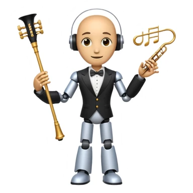 robot a sophisticated and elegant emoji that represents orchestration and arrangement. The design should feature a conductor’s baton, musical notes, and a symphonic score, symbolizing the process of arranging and orchestrating music. Incorporate instruments like a violin, trumpet, sticker