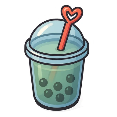 bubble tea cup with a rounded cute lid, blue cup, green drink inside, vector hand-drawn style, clear bold outlines, playful expressive shadows and highlights, matte glass effect, heart-shaped straw sticker