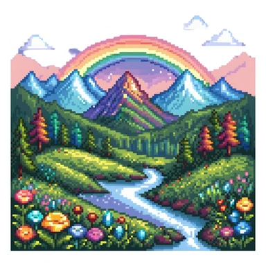 Enchanted meadow with rainbow and crystal mountains sticker