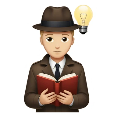  detective reads a book with a bold silhouette of a person on the cover, symbolizing a subject under investigation. The cover’s design is minimalist yet striking, hinting at mystery and deep research. A glowing lightbulb above the detective’s head signifies a moment of realization. sticker