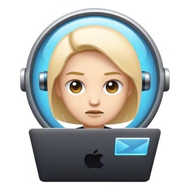 Emoji-style character with a neutral techy face, looking at two floating browser windows, modern vector design, serious expression, dark mode theme, clean lines, futuristic feel — not cute, not silly sticker