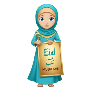 Turkish beautiful finish Konya girl blue eyes with gold hijab and islamic long tailed turquoise dress on the ground and had on her hand text Eid Mubarak  sticker