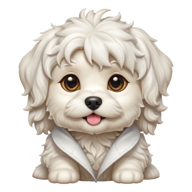 Cinematic Cute Wavy-Haired Maltese Dog Portrait Emoji, Head tilted playfully and inquisitively, featuring a luxurious, wavy-haired white coat with a healthy sheen, round, sparkling dark eyes filled with curiosity, Simplified yet irresistibly adorable features, highly detailed, glowing with a warm, friendly glow, high shine, affectionate and lively, stylized with a touch of whimsy, bright and endearing, soft glowing outline, capturing the essence of a mischievous yet loving companion, so playful it feels like it could scamper out of the screen and into your arms! sticker