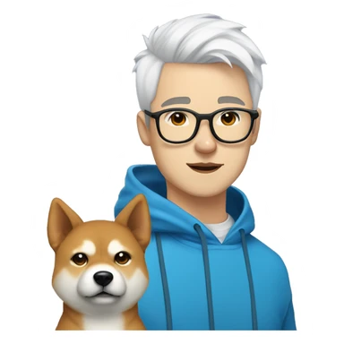 A young guy with white hair ponytail white skin black-framed glasses, a nose piercing, a blue hoodie and a Shiba Inu dog next to him sticker