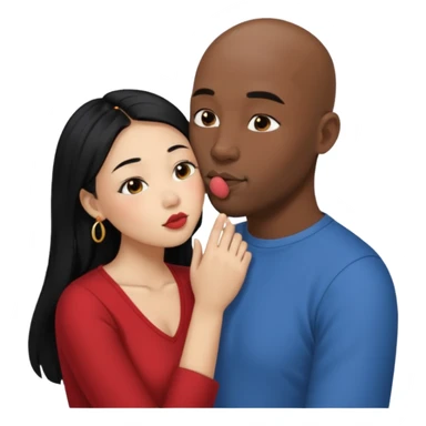 Bald black man with short beard deeply kissing, tonguing each other with open mouth. She is a shorter younger looking asain women. She has long black hair down to her elbows and a nose ring sticker