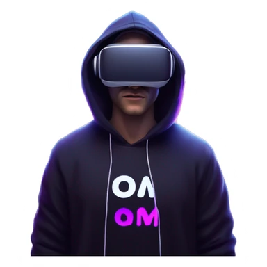 Russian man wearing a black hoodie with "OMG" letters on it and VR headset in a cyberpunk VR environment with violet neon lighting. sticker