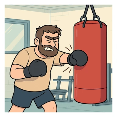 Hit a punching bag – to punch a padded bag for exercise or stress relief.
He went to the gym to hit a punching bag and blow off steam. Background Gym
 sticker