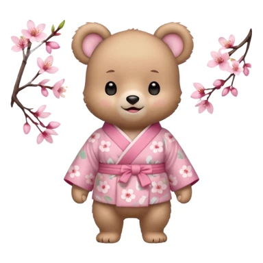 A cute baby bear character in pastel style, standing upright like a human. 
Light brown soft fur, large round ears, rounded paws and feet. 
Big cute black dot eyes, medium blush cheeks, and a tiny smiling mouth. 
Wearing a pink kimono with soft cherry blossom patterns on the sleeves and bottom,  sticker